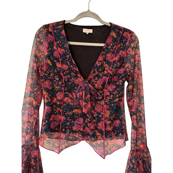 Promesa Fabulous Flowers Floral-Print Mesh Bell-Sleeve Top Sheer V-Neck Tie-Fron - Picture 5 of 16
